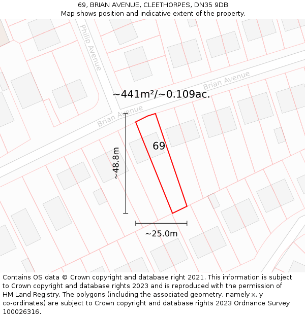 69, BRIAN AVENUE, CLEETHORPES, DN35 9DB: Plot and title map