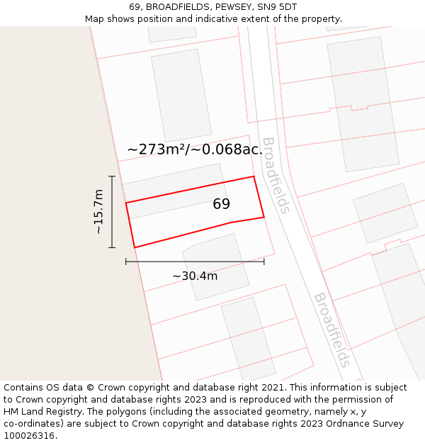 69, BROADFIELDS, PEWSEY, SN9 5DT: Plot and title map