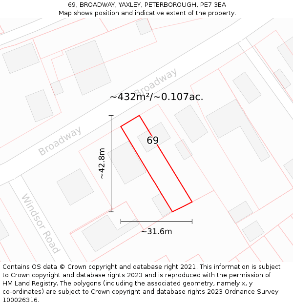 69, BROADWAY, YAXLEY, PETERBOROUGH, PE7 3EA: Plot and title map