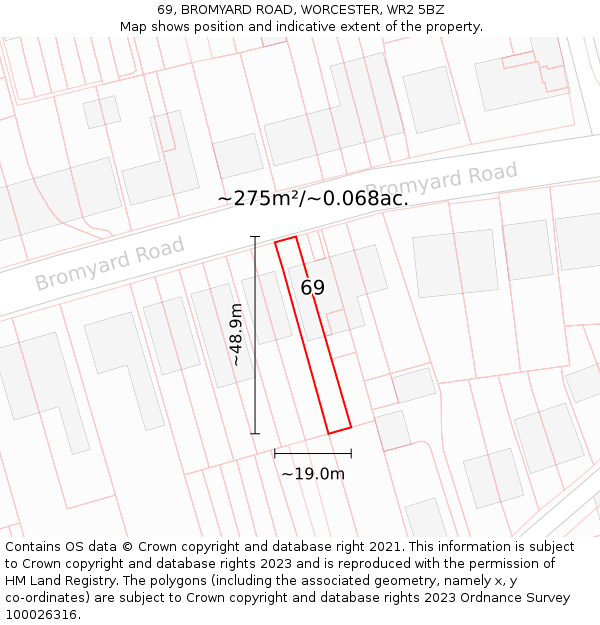 69, BROMYARD ROAD, WORCESTER, WR2 5BZ: Plot and title map