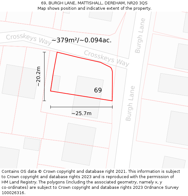 69, BURGH LANE, MATTISHALL, DEREHAM, NR20 3QS: Plot and title map