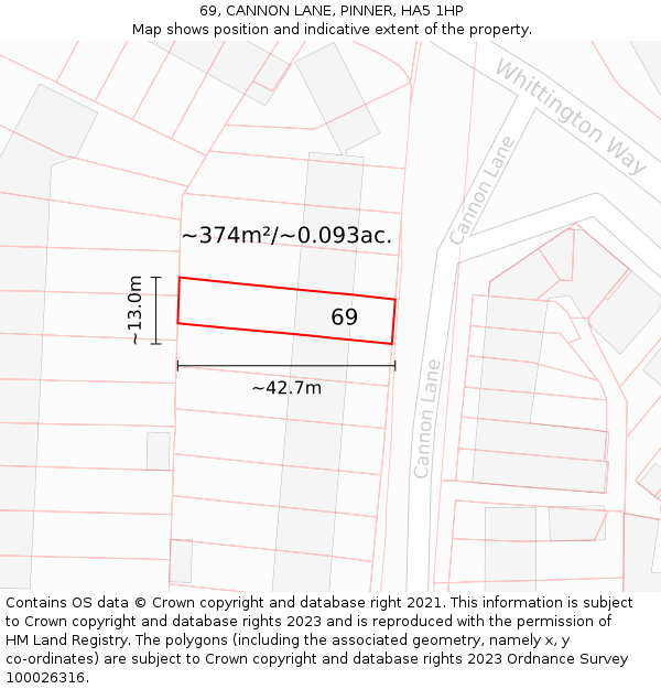 69, CANNON LANE, PINNER, HA5 1HP: Plot and title map