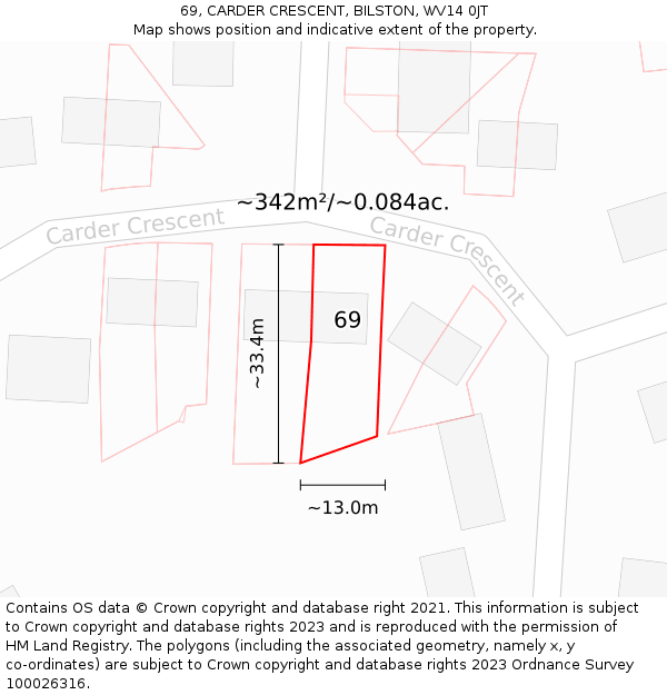 69, CARDER CRESCENT, BILSTON, WV14 0JT: Plot and title map