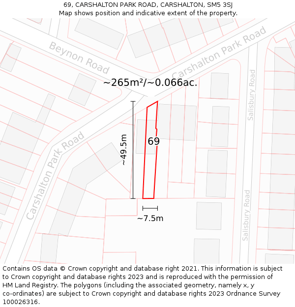 69, CARSHALTON PARK ROAD, CARSHALTON, SM5 3SJ: Plot and title map