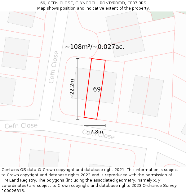69, CEFN CLOSE, GLYNCOCH, PONTYPRIDD, CF37 3PS: Plot and title map