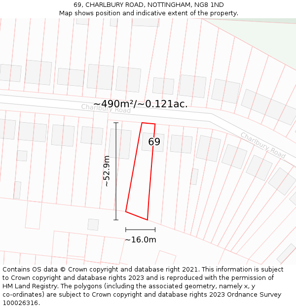 69, CHARLBURY ROAD, NOTTINGHAM, NG8 1ND: Plot and title map