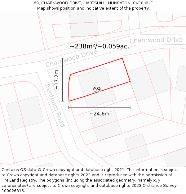 69, CHARNWOOD DRIVE, HARTSHILL, NUNEATON, CV10 0UE: Plot and title map