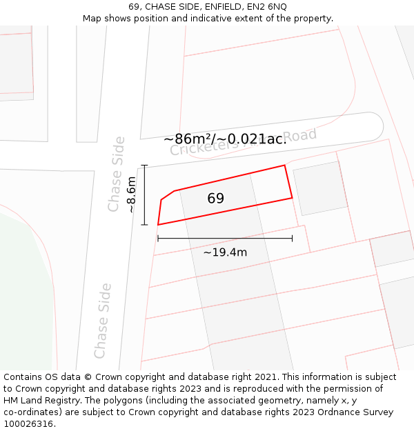 69, CHASE SIDE, ENFIELD, EN2 6NQ: Plot and title map