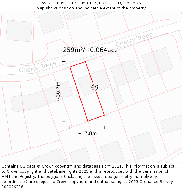 69, CHERRY TREES, HARTLEY, LONGFIELD, DA3 8DS: Plot and title map