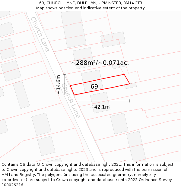 69, CHURCH LANE, BULPHAN, UPMINSTER, RM14 3TR: Plot and title map