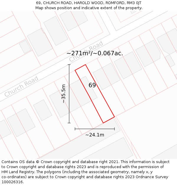 69, CHURCH ROAD, HAROLD WOOD, ROMFORD, RM3 0JT: Plot and title map