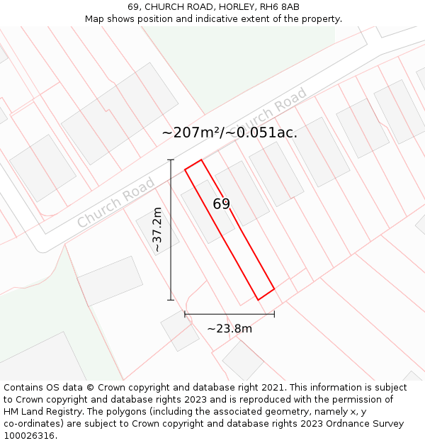 69, CHURCH ROAD, HORLEY, RH6 8AB: Plot and title map