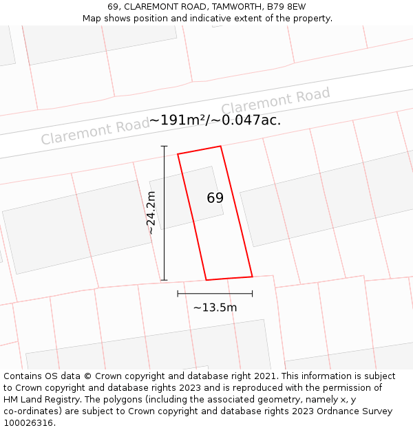 69, CLAREMONT ROAD, TAMWORTH, B79 8EW: Plot and title map