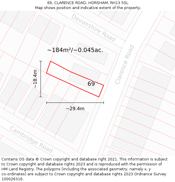 69, CLARENCE ROAD, HORSHAM, RH13 5SL: Plot and title map