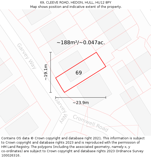 69, CLEEVE ROAD, HEDON, HULL, HU12 8PY: Plot and title map