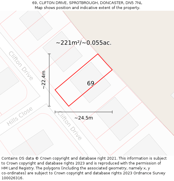 69, CLIFTON DRIVE, SPROTBROUGH, DONCASTER, DN5 7NL: Plot and title map