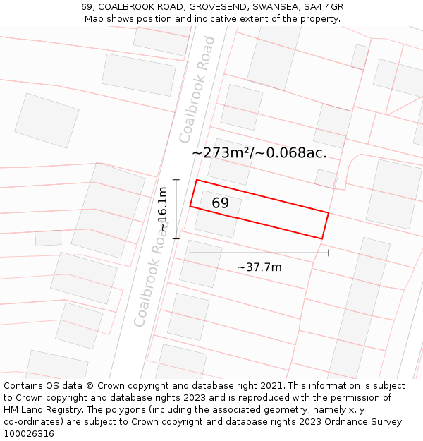 69, COALBROOK ROAD, GROVESEND, SWANSEA, SA4 4GR: Plot and title map