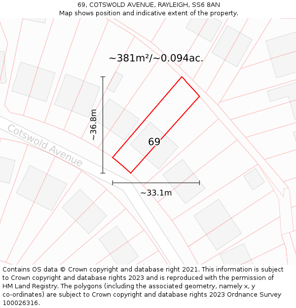 69, COTSWOLD AVENUE, RAYLEIGH, SS6 8AN: Plot and title map