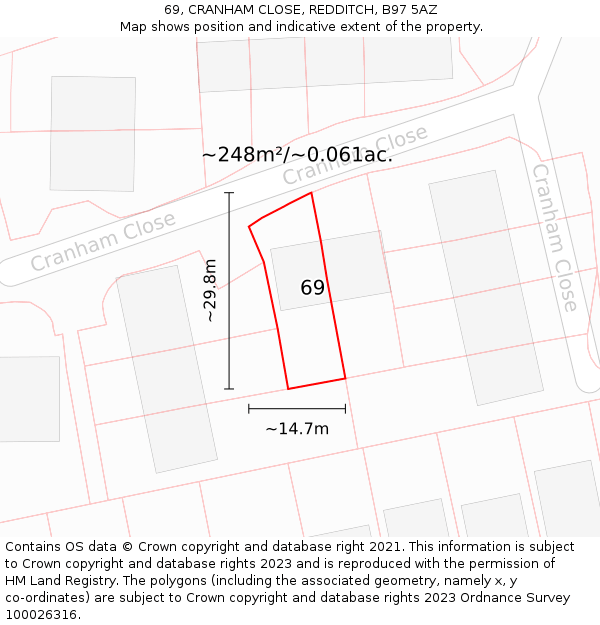 69, CRANHAM CLOSE, REDDITCH, B97 5AZ: Plot and title map