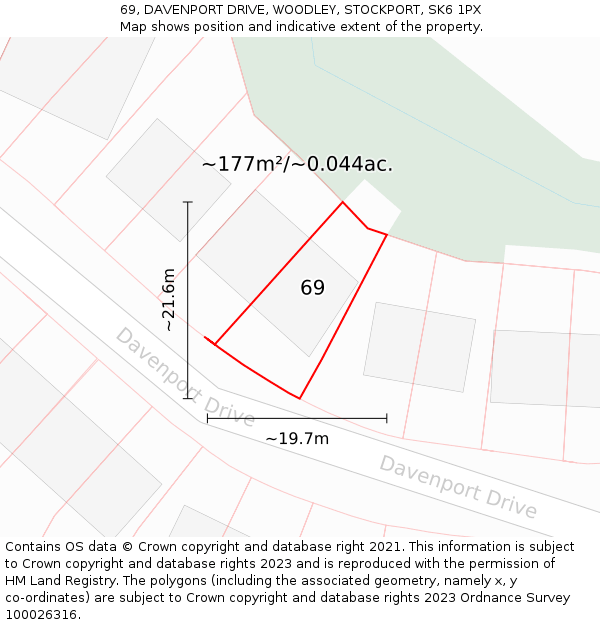 69, DAVENPORT DRIVE, WOODLEY, STOCKPORT, SK6 1PX: Plot and title map