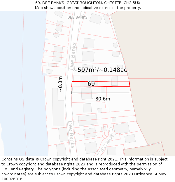 69, DEE BANKS, GREAT BOUGHTON, CHESTER, CH3 5UX: Plot and title map