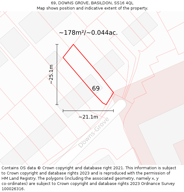 69, DOWNS GROVE, BASILDON, SS16 4QL: Plot and title map