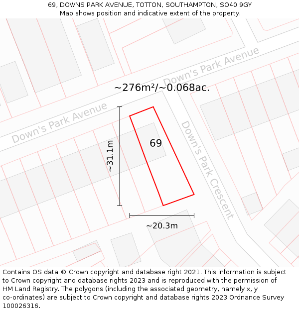 69, DOWNS PARK AVENUE, TOTTON, SOUTHAMPTON, SO40 9GY: Plot and title map