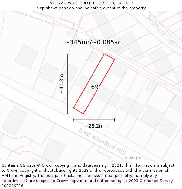 69, EAST WONFORD HILL, EXETER, EX1 3DB: Plot and title map