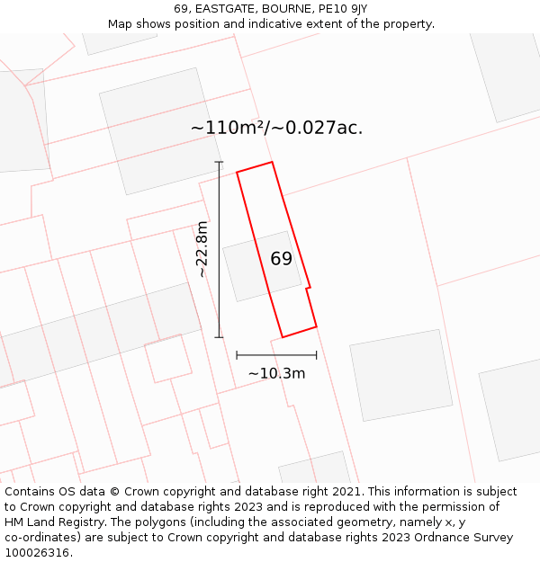 69, EASTGATE, BOURNE, PE10 9JY: Plot and title map