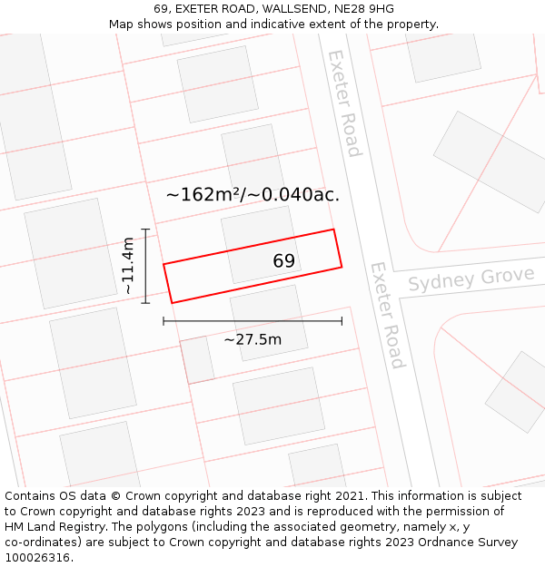 69, EXETER ROAD, WALLSEND, NE28 9HG: Plot and title map