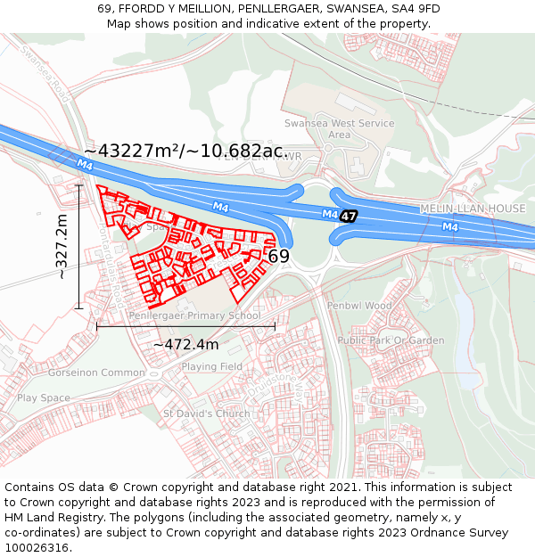 69, FFORDD Y MEILLION, PENLLERGAER, SWANSEA, SA4 9FD: Plot and title map