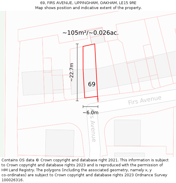 69, FIRS AVENUE, UPPINGHAM, OAKHAM, LE15 9RE: Plot and title map