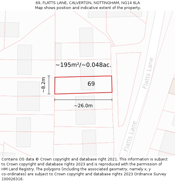 69, FLATTS LANE, CALVERTON, NOTTINGHAM, NG14 6LA: Plot and title map