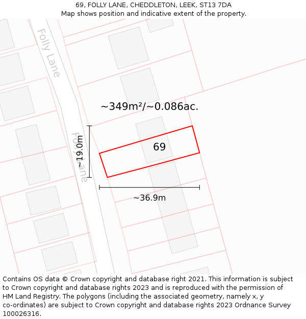 69, FOLLY LANE, CHEDDLETON, LEEK, ST13 7DA: Plot and title map