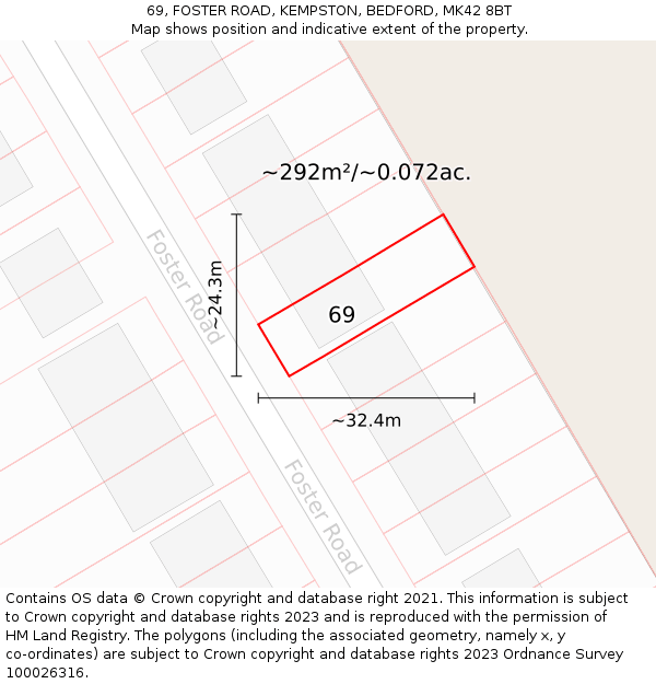 69, FOSTER ROAD, KEMPSTON, BEDFORD, MK42 8BT: Plot and title map