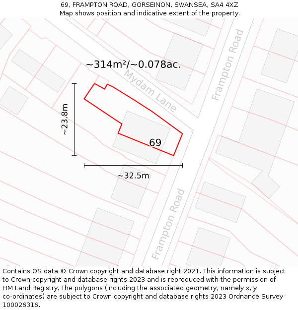 69, FRAMPTON ROAD, GORSEINON, SWANSEA, SA4 4XZ: Plot and title map