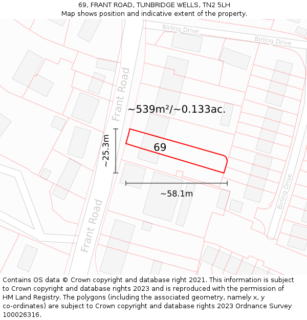 69, FRANT ROAD, TUNBRIDGE WELLS, TN2 5LH: Plot and title map