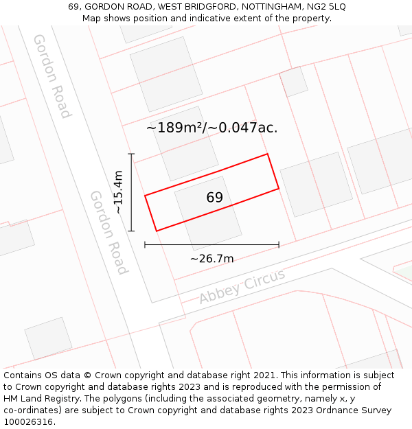 69, GORDON ROAD, WEST BRIDGFORD, NOTTINGHAM, NG2 5LQ: Plot and title map