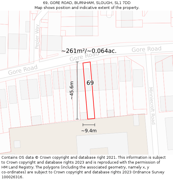 69, GORE ROAD, BURNHAM, SLOUGH, SL1 7DD: Plot and title map