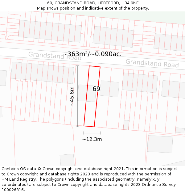 69, GRANDSTAND ROAD, HEREFORD, HR4 9NE: Plot and title map