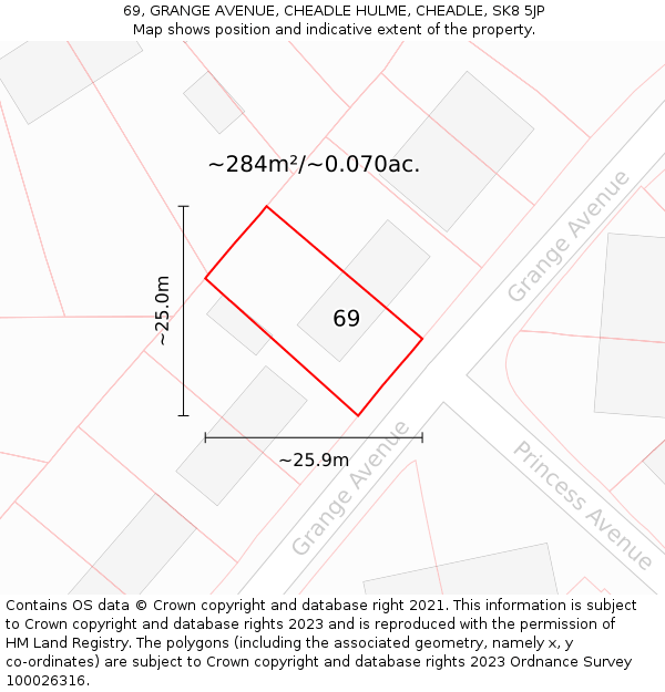 69, GRANGE AVENUE, CHEADLE HULME, CHEADLE, SK8 5JP: Plot and title map