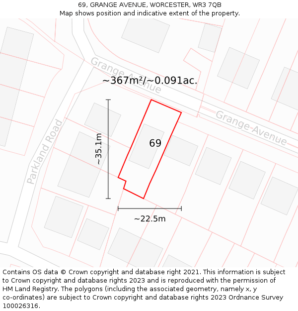 69, GRANGE AVENUE, WORCESTER, WR3 7QB: Plot and title map