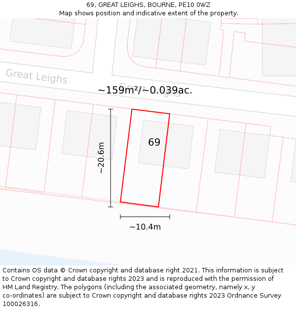 69, GREAT LEIGHS, BOURNE, PE10 0WZ: Plot and title map