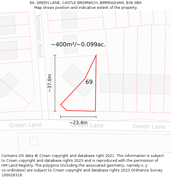 69, GREEN LANE, CASTLE BROMWICH, BIRMINGHAM, B36 0BA: Plot and title map