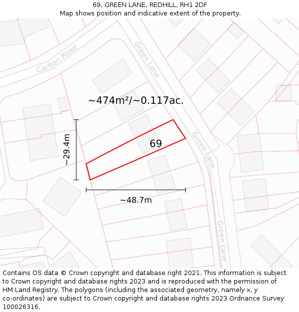 69, GREEN LANE, REDHILL, RH1 2DF: Plot and title map