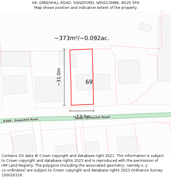 69, GREENHILL ROAD, SANDFORD, WINSCOMBE, BS25 5PA: Plot and title map