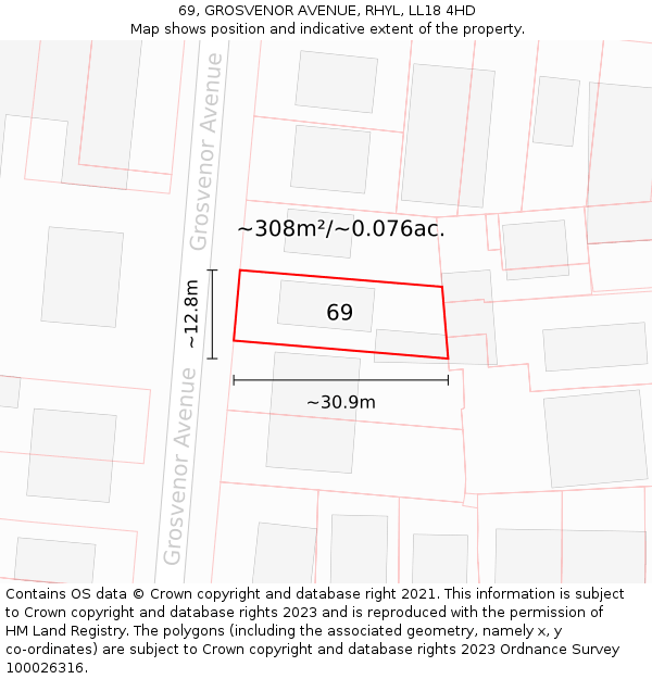 69, GROSVENOR AVENUE, RHYL, LL18 4HD: Plot and title map