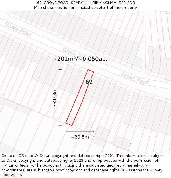 69, GROVE ROAD, SPARKHILL, BIRMINGHAM, B11 4DB: Plot and title map