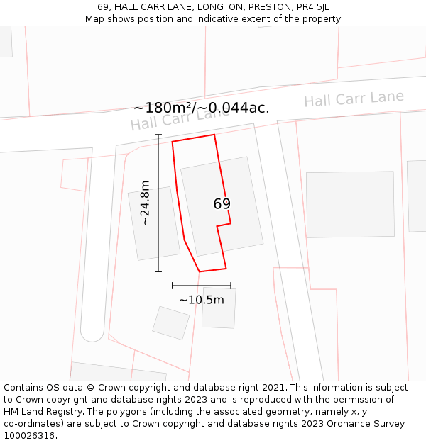 69, HALL CARR LANE, LONGTON, PRESTON, PR4 5JL: Plot and title map