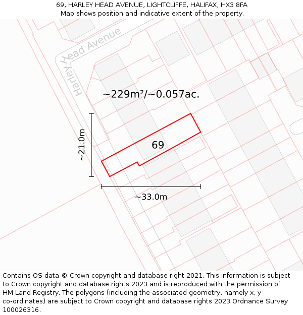 69, HARLEY HEAD AVENUE, LIGHTCLIFFE, HALIFAX, HX3 8FA: Plot and title map